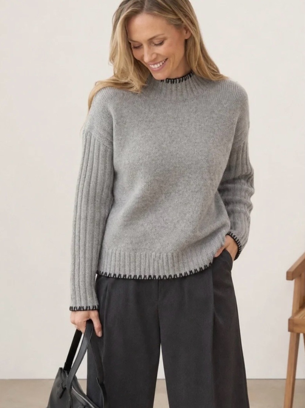 Joie Light Grey Ribbed Cowl-Neck Sweater with Contrast Trim
